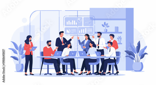 Diverse team collaborates in modern office, presenting data on screen