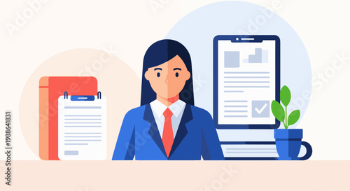 Professional woman in blue suit and red tie with desk items, tablet and plant