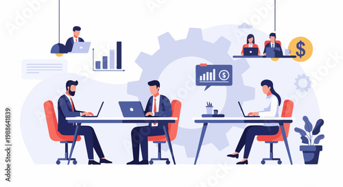 Professionals collaborating in a modern office setting with charts and financial symbols
