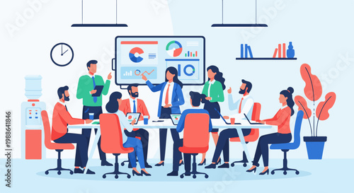 Diverse group of professionals engaged in a business meeting, presenting data on a screen