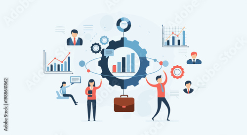Diverse business professionals collaborate around a central gear mechanism, with charts illustrating progress
