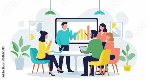 Business team meeting, analyzing charts on a screen, discussing strategy