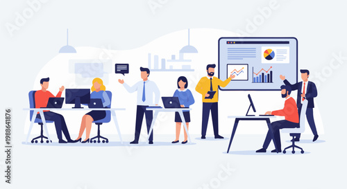 A diverse team collaborates in a modern office setting with charts and computers