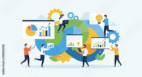 Diverse team collaborates on data visualization with charts and lightbulb ideas