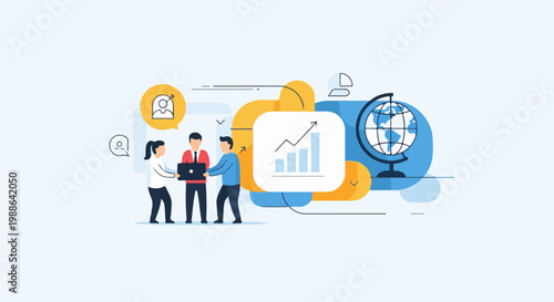 Team collaborates on global growth using a laptop, with a chart and world globe visuals