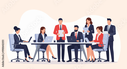 Diverse professionals in a modern office meeting, collaborating around a table with laptops (1)