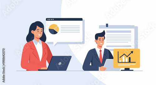 Two professionals analyze data on laptops and screens with charts