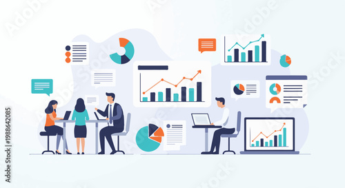 Team collaborates on business growth strategies using data analysis and charts