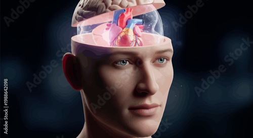 Brain with open skull revealing glowing heart, symbolizing the profound emotional and intellectual connection within the human mind, merging biological and technological aspects.