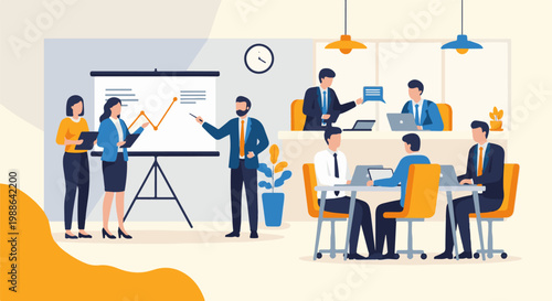 Diverse team collaborates in a modern office space, presenting data and ideas for business growth