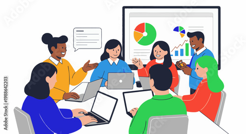 Diverse group collaborates around a table, presenting data on a screen