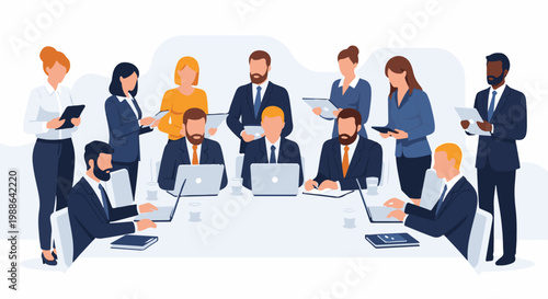 Diverse business team in meeting, engaged with laptops and tablets