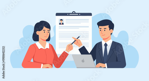 Professionals review document and laptop