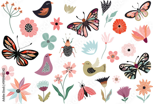 A colorful illustration of butterflies and flowers on white background