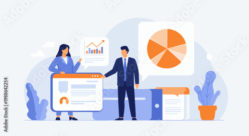 Business professionals analyze data with charts, graphs, and pie charts