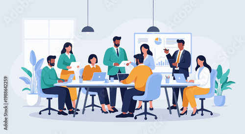 Colleagues gather for a meeting, collaborating around a table with laptops and charts
