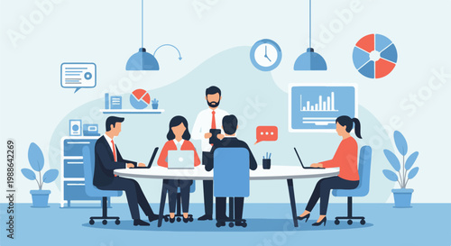 Business meeting with people working on laptops and charts displayed