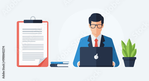 Man in blue suit and glasses working on laptop next to clipboard, books, and plant