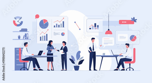 Business team collaborating and analyzing data in an office setting