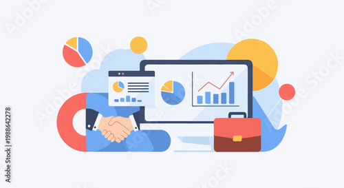 Abstract business concept with graphs, handshake, and briefcase