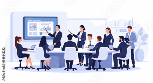Business meeting in a modern office with people presenting and attending
