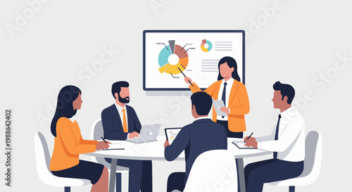 A group of five people in business attire are gathered around a round table in a meeting room