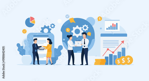 Professionals collaborate on a digital presentation with charts and currency symbols