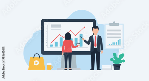 Professionals analyze upward trending graph on a screen, with a shopping bag and plant