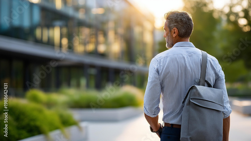 Person walking away from an office building at the end of the day with a bag over their shoulder, leaving work and transitioning to personal time concept, defocused background,