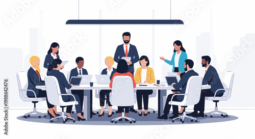 A diverse team of professionals gathered around a conference table, engaged in a discussion