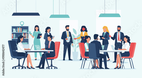 Diverse professionals collaborate and discuss ideas in a modern office setting with plants