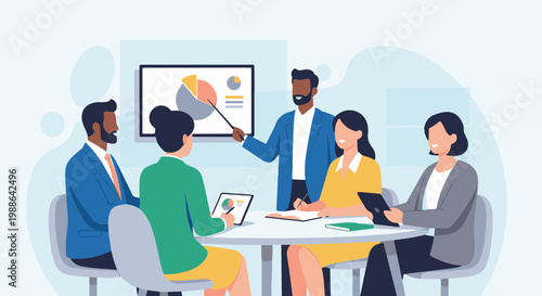 Diverse professionals collaborate in a meeting, presenting data and ideas at a table