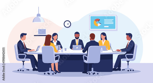 Diverse professionals gather around a boardroom table, engaging in discussions with laptops and a presentation