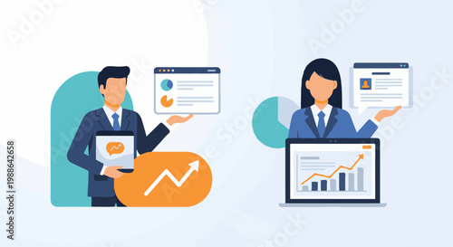 Business professionals showcasing data analytics and growth charts on digital devices