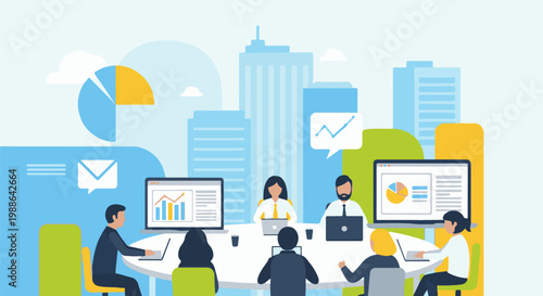 Diverse professionals collaborate in a modern office setting, discussing data and charts