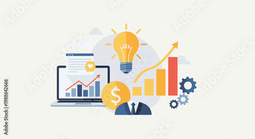 Conceptual illustration of business growth a glowing lightbulb, charts, coins, and a businessman