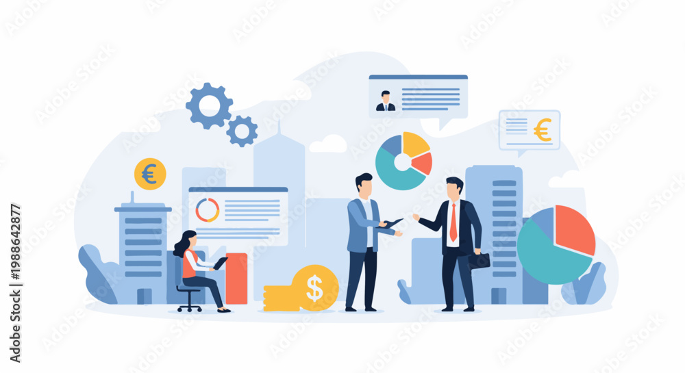 Naklejka premium Business professionals collaborate on financial charts and global currency symbols