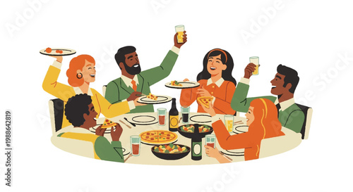 Group of diverse people enjoying a meal at a table