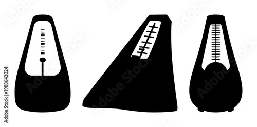 Metronome set with black silhouette on white background featuring metronome, rhythm timer, timekeeping instrument with musical, clock