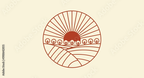 Sunrise landscape illustration depicts orange sun over wavy lines on pale background with red circular design