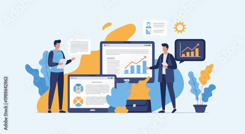 Two individuals in suits analyze data displayed on digital screens, surrounded by abstract shapes and plants