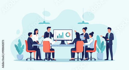 Business meeting with graphs displayed on a monitor. Team members discuss strategy