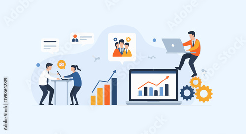 Collaborative team working on a digital platform, analyzing data and achieving business growth