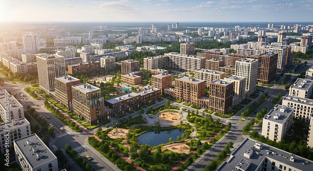 Obraz premium Aerial view of a modern residential complex with green spaces and amenities