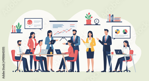 Diverse professionals collaborate in a modern office setting with data visuals