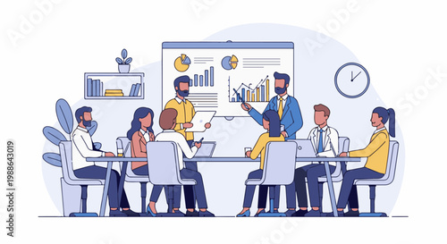 Diverse team collaborates during a business meeting, analyzing charts and graphs presented on a screen