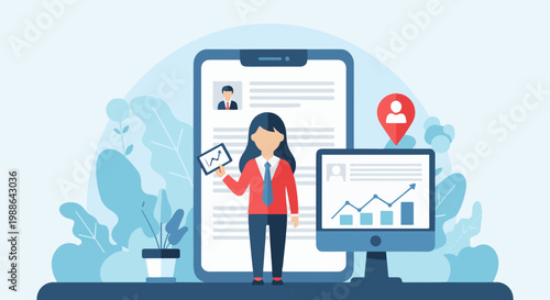 Person presenting resume data and growth charts with botanical background