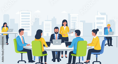 Diverse team collaborates around a conference table in modern office setting