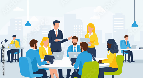 Diverse team collaborates in modern office, discussing projects on laptops and tablets