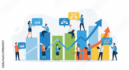 Team collaborates on upward business growth, analyzing charts and graphs